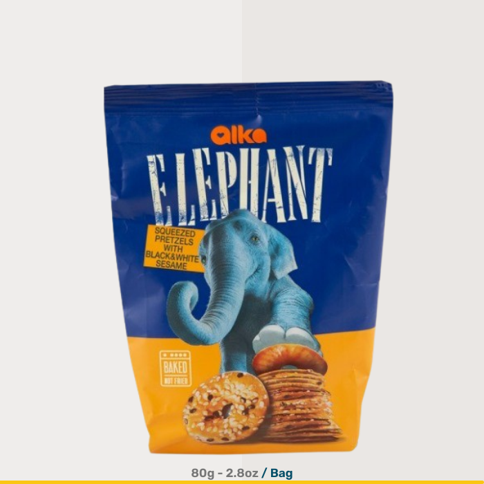 Elephant Squeezed Pretzels With Black and White Sesame | 80g Bags