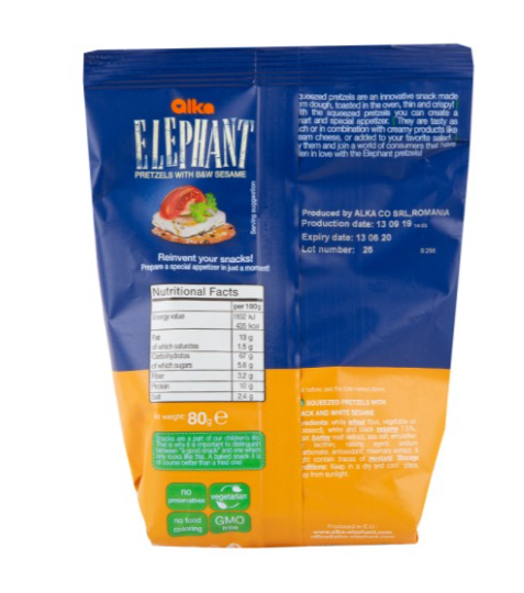 Elephant Squeezed Pretzels With Black and White Sesame | 80g Bags