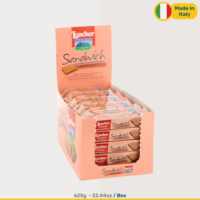 Loacker Sandwich Hazelnut Wafer | Box of 25 Packs | 625g Box